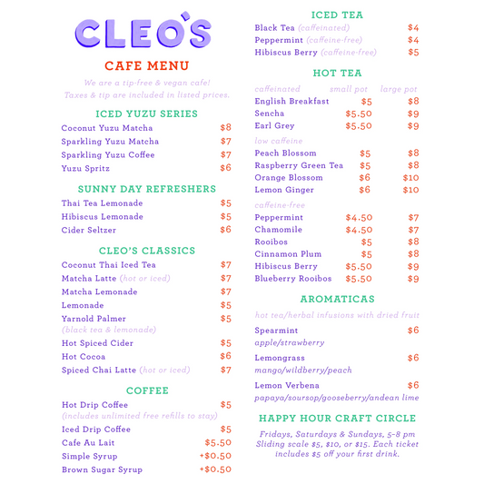 Cafe Menu @ Cleo's Yarn Shop in Bushwick