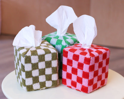 Checkerboard Tissue Box Cover Knitting Pattern: A Great Beginner to Colorwork Stash Buster Project!